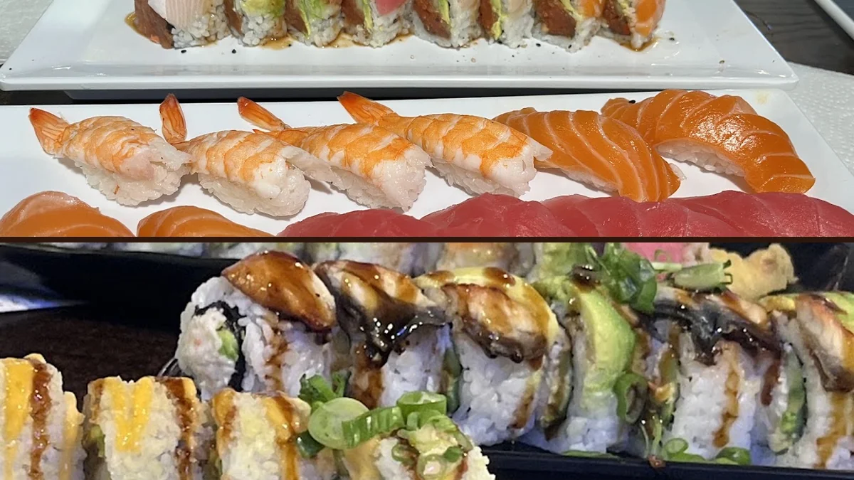 Sushi rolls arranged on a restaurant plate