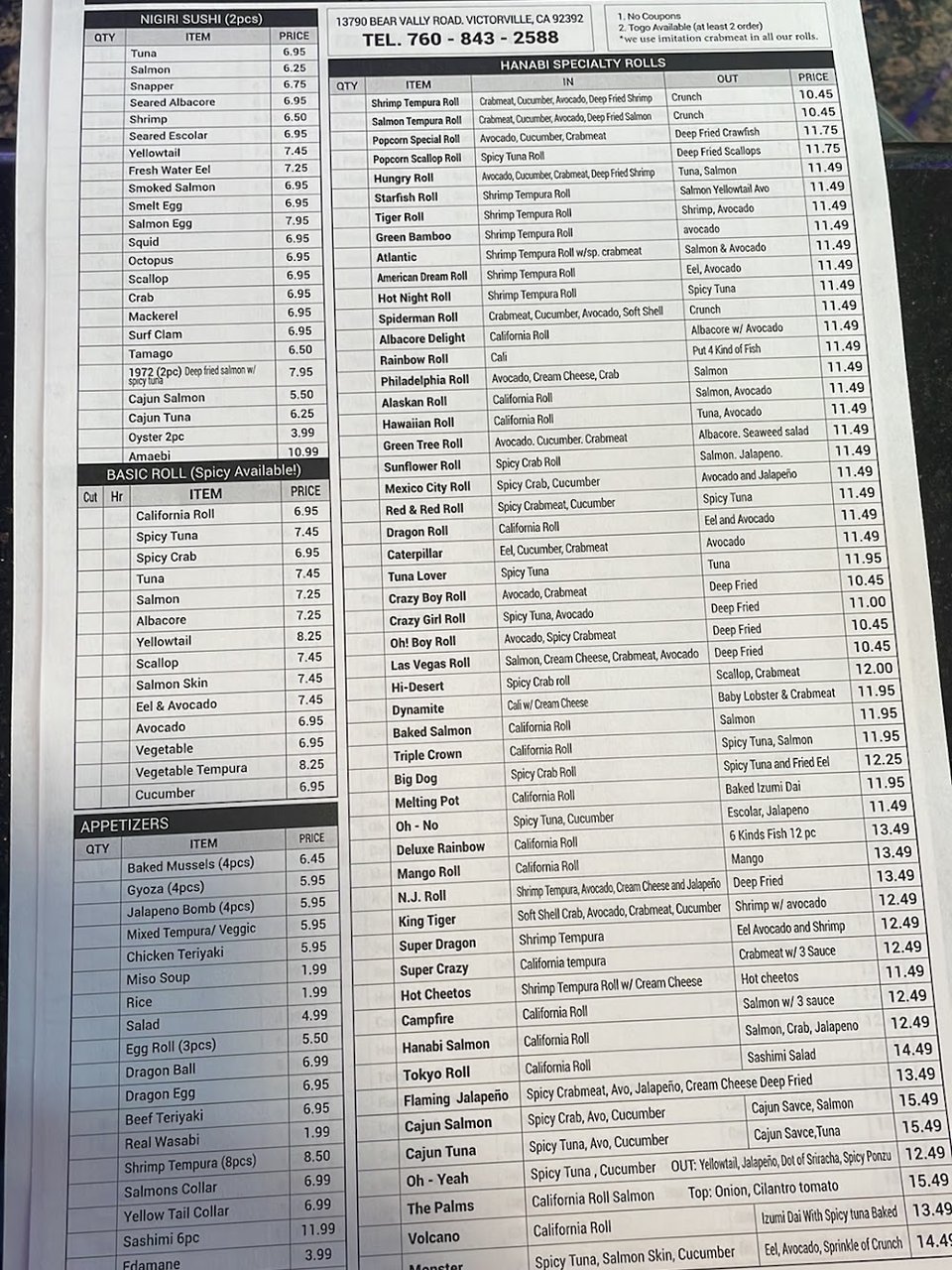 Menu page with sushi rolls and small plates
