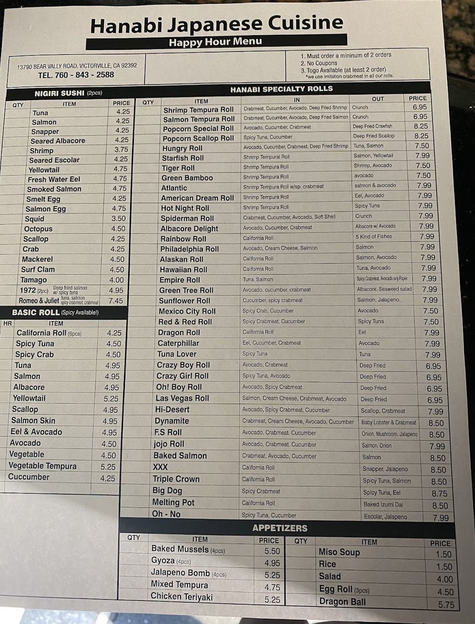 Restaurant menu listing rolls and happy-hour items